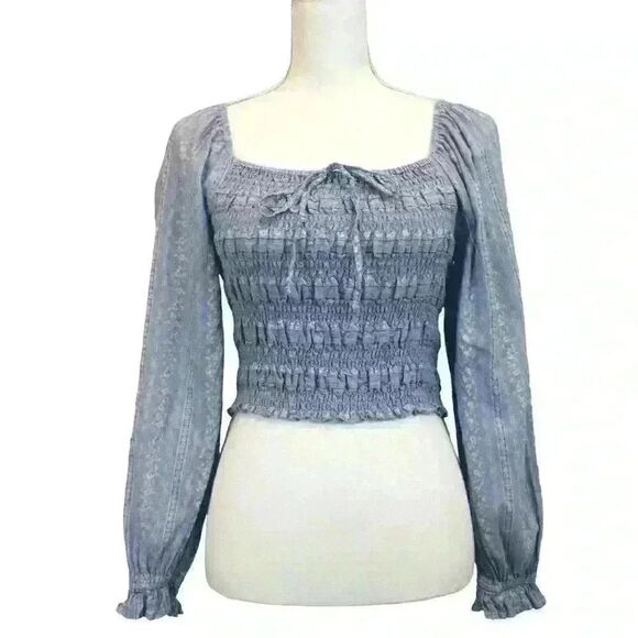 American Eagle Tops - American Eagle Light Blue Floral Blouse Ruched Bodice Long Sleeves Size XS